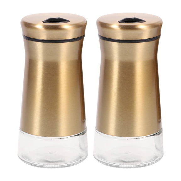 Cozeii 2Pcs Salt and Pepper Shakers, Stainless Steel Seasoning Bottles, Glass Bottom Spice Dispenser for Kitchen, Dining Table, BBQ, Cooking, 2.16x4.52 Inch, Gold