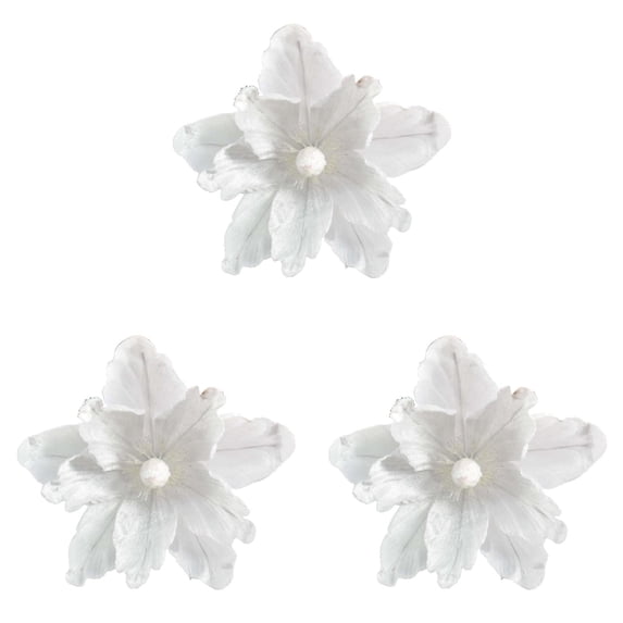 Cozeii 3 Pcs Christmas Ornaments, Artificial Velvet Glitter Poinsettia Flowers with Stems for Xmas Tree Wreath Garland Decoration (White)