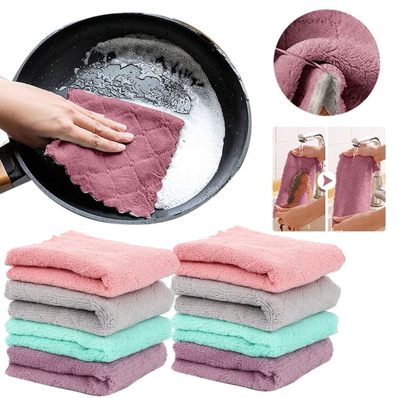 Cozeii 8Pcs Kitchen Cleaning Cloth, Absorbent Dish Cloth, Soft Coral Fleece Dish Towel for Countertop, Stove, Tableware, Grease, Home Cleaning Supplies, 5.1x9.8 Inch, Multicolor