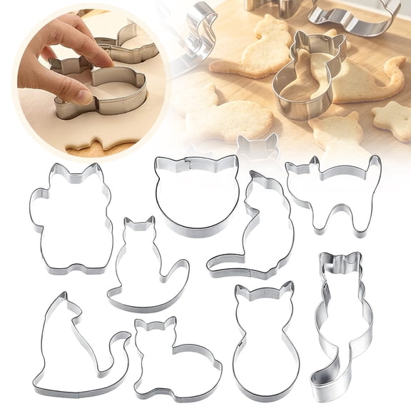 Cozeii 9 Pcs Cat Cookie Cutter, Stainless Steel Cat Cookie Cutters Assorted Cutter Kitten Shape Mini Cute Cookie Cutters for Homemade Treats Baking