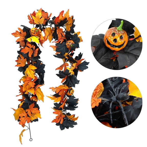 Cozeii Artificial Fall Maple Garland(Orange Spider), 5.3Ft, with Lights, Includes Pumpkin Accents, for Thanksgiving, Halloween Decor, Door Hanging, Table Centerpiece, Fireplace Mantel