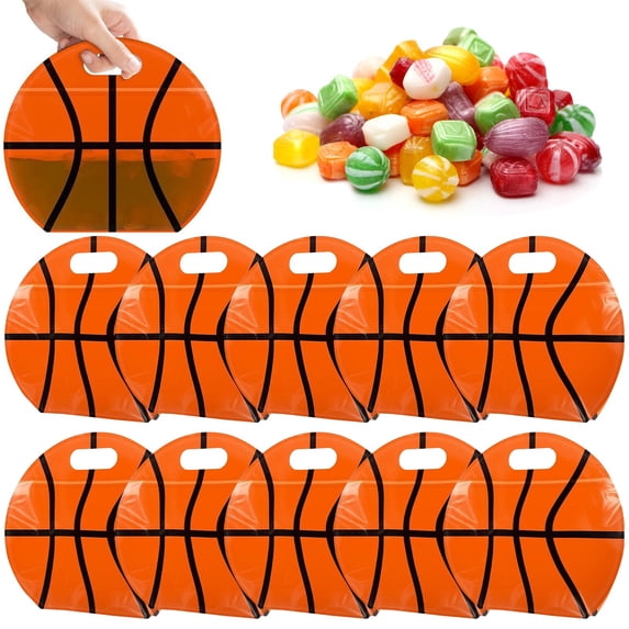 Cozeii Basketball Snack Bags(Brown), 10 Pcs Reusable Snack Bags for Kids with Handle Plastic Treat Storage Bags for Party Favors, Party Supplies