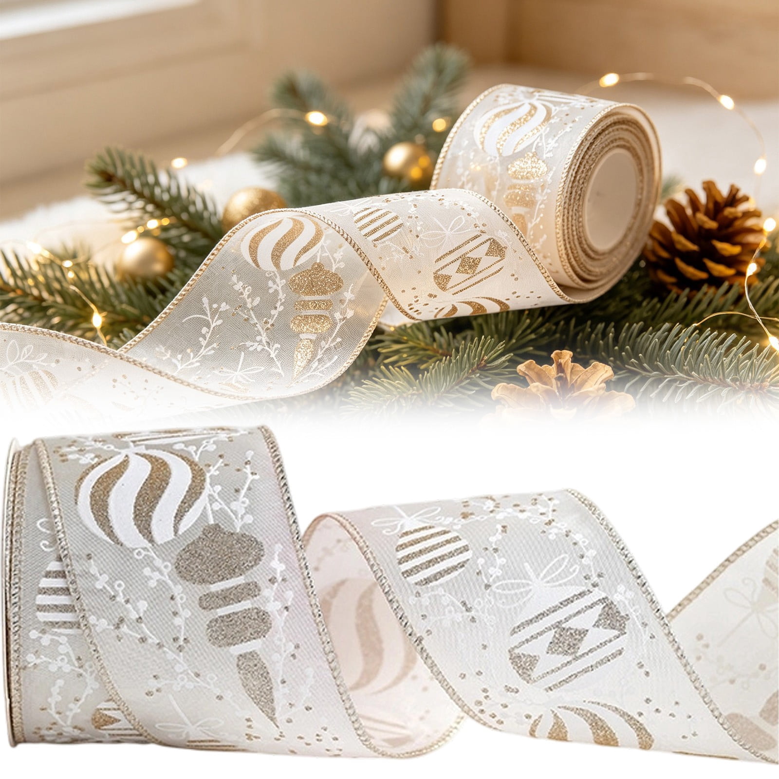 Cozeii Christmas Ribbon Wired, 10 Yards White and Silver Ribbon for ...