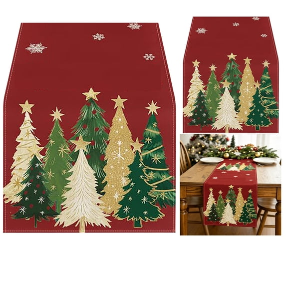 Cozeii Christmas Table Runner, Xmas Trees Snowflakes Holiday Festive Christmas Table Runner for Kitchen Dinning, Indoor Outdoor Dinner Party Decor(Red 13 x 35 Inch)
