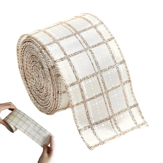 Cozeii Christmas Wired Ribbon, Beige Grid Wired Ribbon for Gift Wrapping Tree Decorations Crafts Wreaths Garland Bows