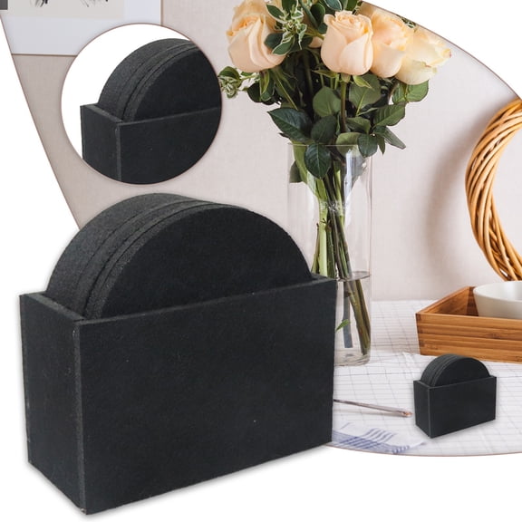 Cozeii Felt Drink Coasters, Slate Drink Coasters, Absorbent Hexagon Cup Mat with Holder, Heat Resistant Tableware Coaster for Dining Table Home Bar Kitchen, Round, Black