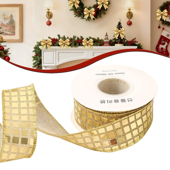 Cozeii Gold Christmas Mirror Wired Ribbon, 359 Inch Shiny Grid Satin Backing Double Faced Wide Handmade for Homecoming Mum Christmas Tree Wreaths Gift Wrapping Party Decor