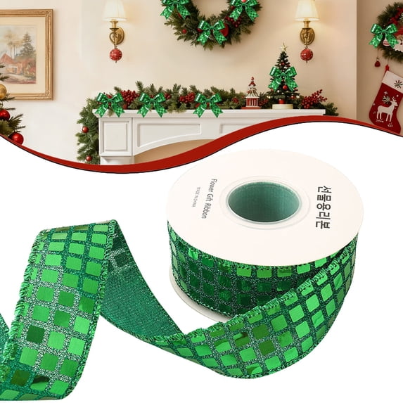 Cozeii Green Christmas Mirror Wired Ribbon, 359 Inch Shiny Grid Satin Backing Double Faced Wide Handmade for Homecoming Mum Christmas Tree Wreaths Gift Wrapping Party Decor