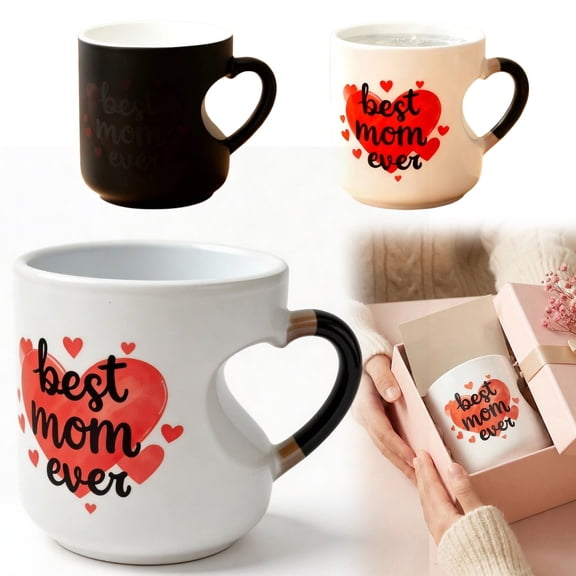 Cozeii Heat Sensitive Color Changing Coffee Mug, Magic Temperature Reactive Ceramic Tea Cup, Heart Handle Mug for Mom, Gift for Mother's Day, Black