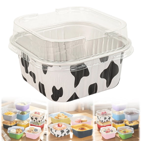 Cozeii Mini Square Cake Pans with Lids, 3.5 Inch Aluminum Foil Pans Disposable Cake Pans for Party Picnics Muffins Cupcakes (Cow Color)