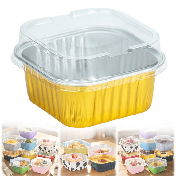 Cozeii Mini Square Cake Pans with Lids, 3.5 Inch Aluminum Foil Pans Disposable Cake Pans for Party Picnics Muffins Cupcakes (Gold)