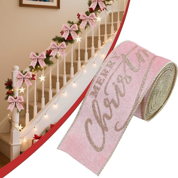 Cozeii Pink Christmas Satin Ribbon, 78 Inch Merry Christmas Glitter Velvet for Xmas Tree Wreath Wrapping Decorative Holiday Ribbon Bows Festive
