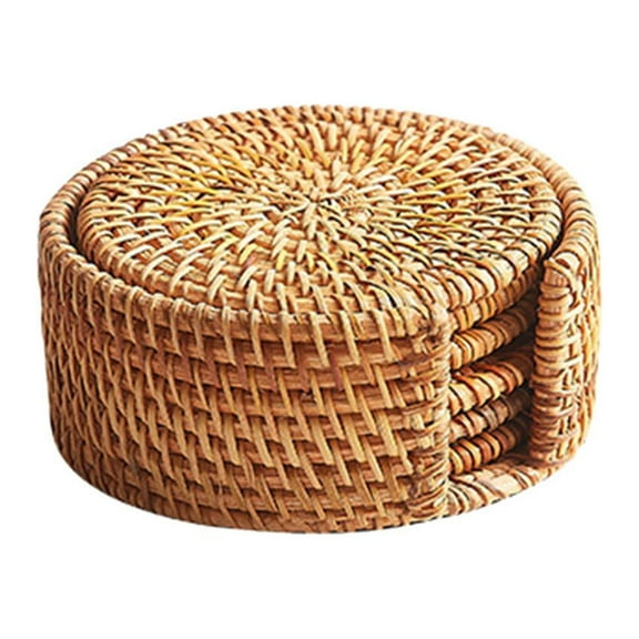 Cozeii Rattan Placemat, Woven Heat Insulation Mat, Round Table Trivet, Anti Scald Bowl Mat for Dining Table, Tea Cup, Kitchen Counter, Rustic Decor, Restaurant, 4.52 Inch, F