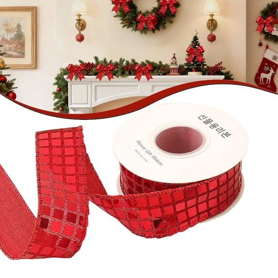 Cozeii Red Christmas Mirror Wired Ribbon, 359 Inch Shiny Grid Satin Backing Double Faced Wide Handmade for Homecoming Mum Christmas Tree Wreaths Gift Wrapping Party Decor