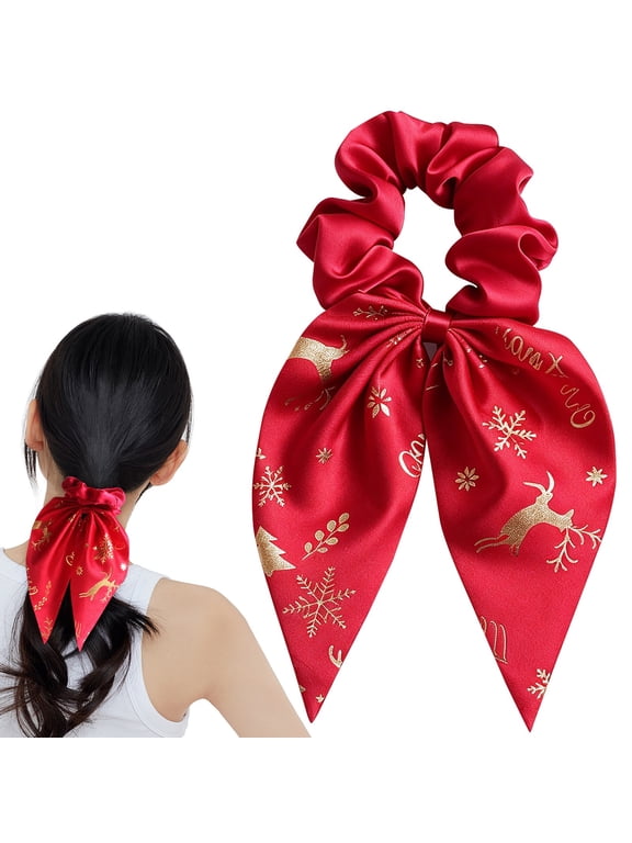 Satin Hair Scrunchies Ribbon Bow Ties Women, Pony Band High-Elastic Ponytail Holder with Long Bow Ribbon for Christmas Party Holiday Photoshoot Family Dinner Daily Wear (Red)