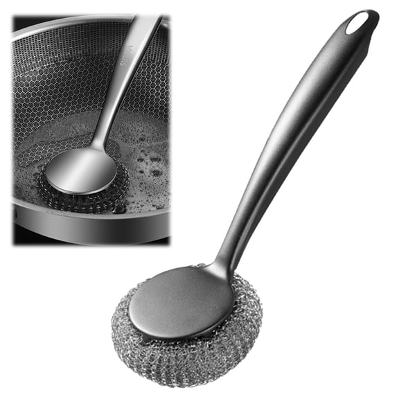 Cozeii Stainless Steel Pot Brush with Long Handle, Portable Scrubber for Pans Cookware Bakeware, Heavy Duty Cleaning Tool for Kitchen Sink Oven, Black