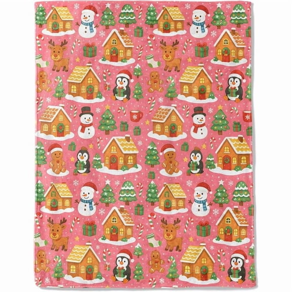 Coziest Christmas Blanket Christmas Decorative Blanket, Tree and Gingerbread Reindeer Candy Print Throw Decoration, Soft Flannel Winter Blankets for Couch