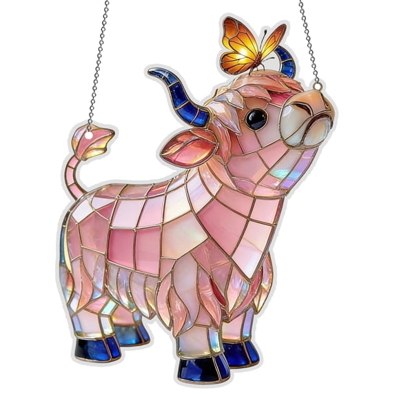 Cozilinen 2Dplane Cow Suncatcher Window Decor with Chain, Stained Glass Style Acrylic Pendant, Colorful Light Filtering Ornament for Indoor Outdoor Garden Home(pink,A