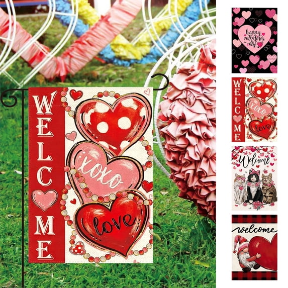 Cozilinen Double Sided Reversible Linen Garden Flag 12x18 Inch Valentine's Day Decor Outdoor Yard Patio Welcome Banner