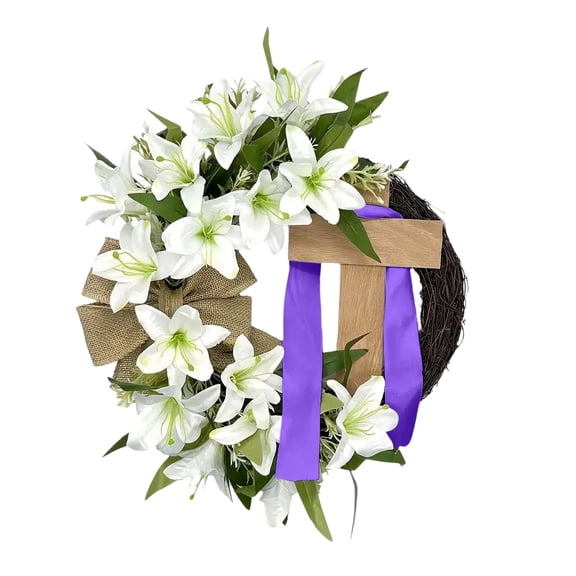 Cozilinen Easter Wreath 14 Inch, Silk Lilies Tulips Bow Religious Wreath, Natural Wicker Base Front Door Hanging, Spring Christian Home Decor(B