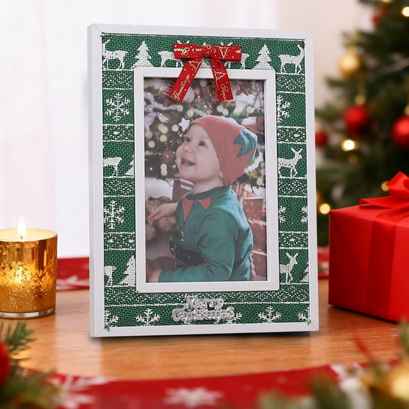 Cozilinen European Style Christmas Wooden Photo Frame with Reindeer Snowflake Tree Pattern Desktop Home Decor Ornament for Holiday Display