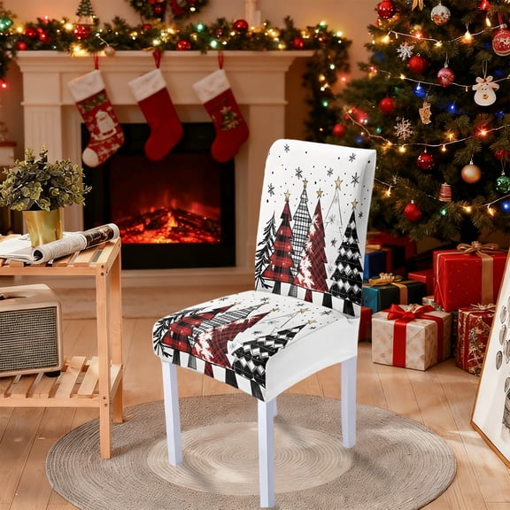 Cozilinen Festive Christmas Tree Plaid Chair Covers, Stretch Polyester Dining Chair Slipcovers with Lights & Ornaments, Washable Holiday Decor