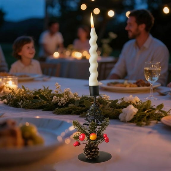 Cozilinen Metal Christmas Tree Candle Holder Ornament with Pine Cones & Branches, Hollow-Out Design for Holiday Tabletop Decor, Festive Candle Stand Centerpiece