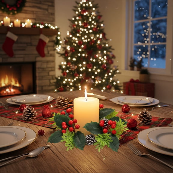 Cozilinen Red Fruit Wreath Candle Holder, Aromatherapy Candle Stand for Christmas Tabletop Decor, Festive Desktop Centerpiece for Holiday Home Decorations