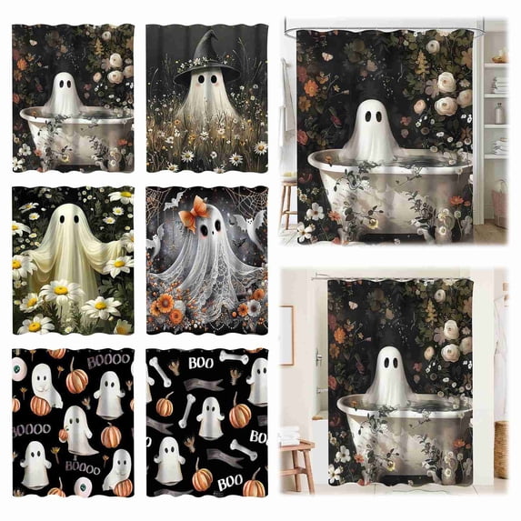 Coziro Ghosts Pumpkins Bones Boo Halloween Shower Curtain 72x72 Black Cartoon Waterproof Polyester Bathroom Decor Panel for Kids, Machine Washable