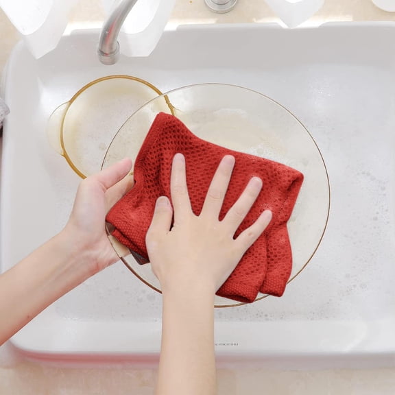 Cozival 4-Pack Cotton Dish Cloths - Weave Absorbent Kitchen Towels (34X34Cm) - Washing & Drying Rags - Grid Pattern for Scrubbing & Cleaning, Kitchen Towels Absorbent, Red