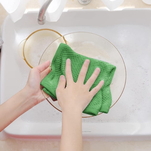 Cozival 4-Pack Cotton Dish Cloths - Weave Absorbent Kitchen Towels (34X34Cm) - Washing & Drying Rags - Grid Pattern for Scrubbing & Cleaning, Kitchen Towels Absorbent, Green