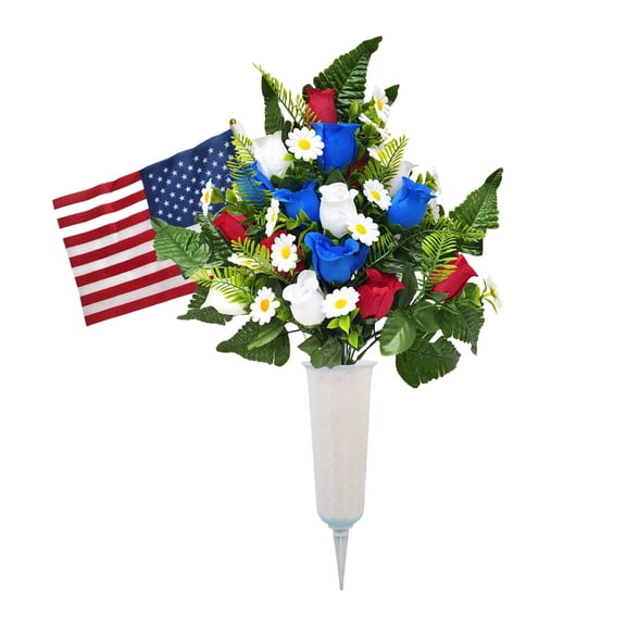 Cozival Artificial Cemetery Flowers Soft Pe Roses Memorial Bouquets With Bucket Set For Bridal Wedding Home Dining Table Decor