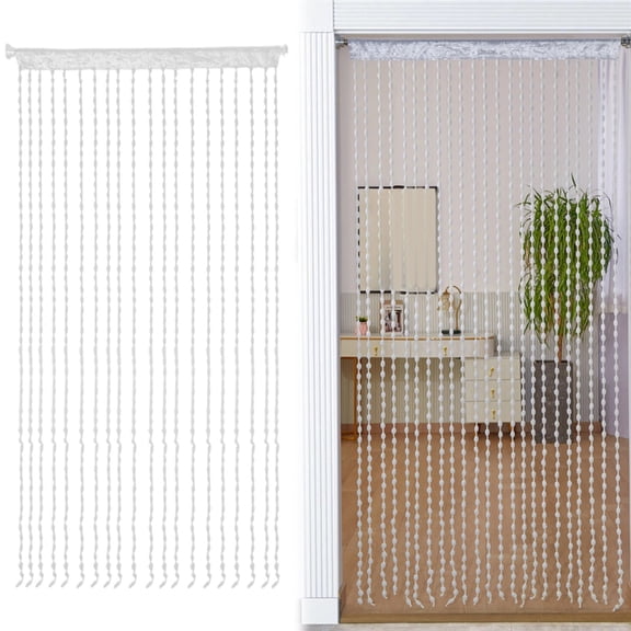 Cozival Bead Curtain for Patio Door - 100200Cm Polyester Beaded Door Curtain, String Bead Design, Woven from Yarn, Tassel Decoration, Light Filtering, for Doorway & Room Divider, White