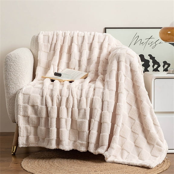 Cozival Checkerboard Plush Throw Blanket - 70×100Cm Thickened Textured Soft Blanket for Couch, Sofa, and Bed, Decorative Nap Blanket for Living Room, Plush Fleece Blanket, White