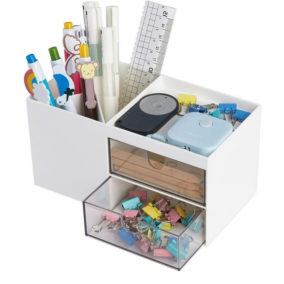 Cozival Plastic Desk Organizer with Pen Holder, White Desktop Accessories Storage Box for Business Cards, Mobile Phone, and Stationery, Multi-Purpose Office Organizer, Office Storage Box, White