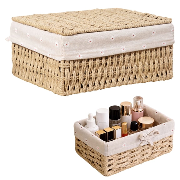 Cozival Rattan Woven Paper Rope Storage Basket - Desktop Lined Organizer for Home & Office - Natural Boho Decor, Durable & Lightweight - Perfect for Keys, Mail & Small Items, Desktop Lined Organizer