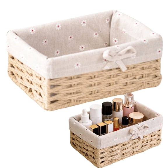 Cozival Rattan Woven Paper Rope Storage Basket - Desktop Lined Organizer for Home & Office - Natural Boho Decor, Durable & Lightweight - Perfect for Keys, Mail & Small Items, Desktop Lined Organizer
