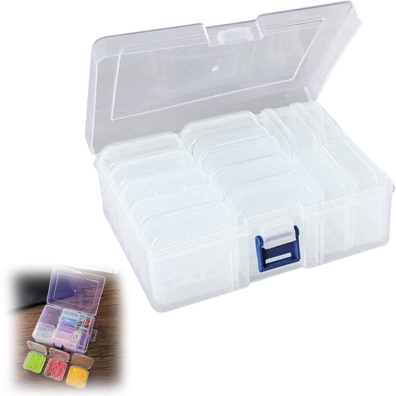 Cozival Transparent Bead Storage Containers with Hinged Lid, 14-Grid Plastic Organizer Case for Small Beads, Jewelry, and Craft Supplies, Rectangle Storage Box Set, Plastic Organizer Case, Clear
