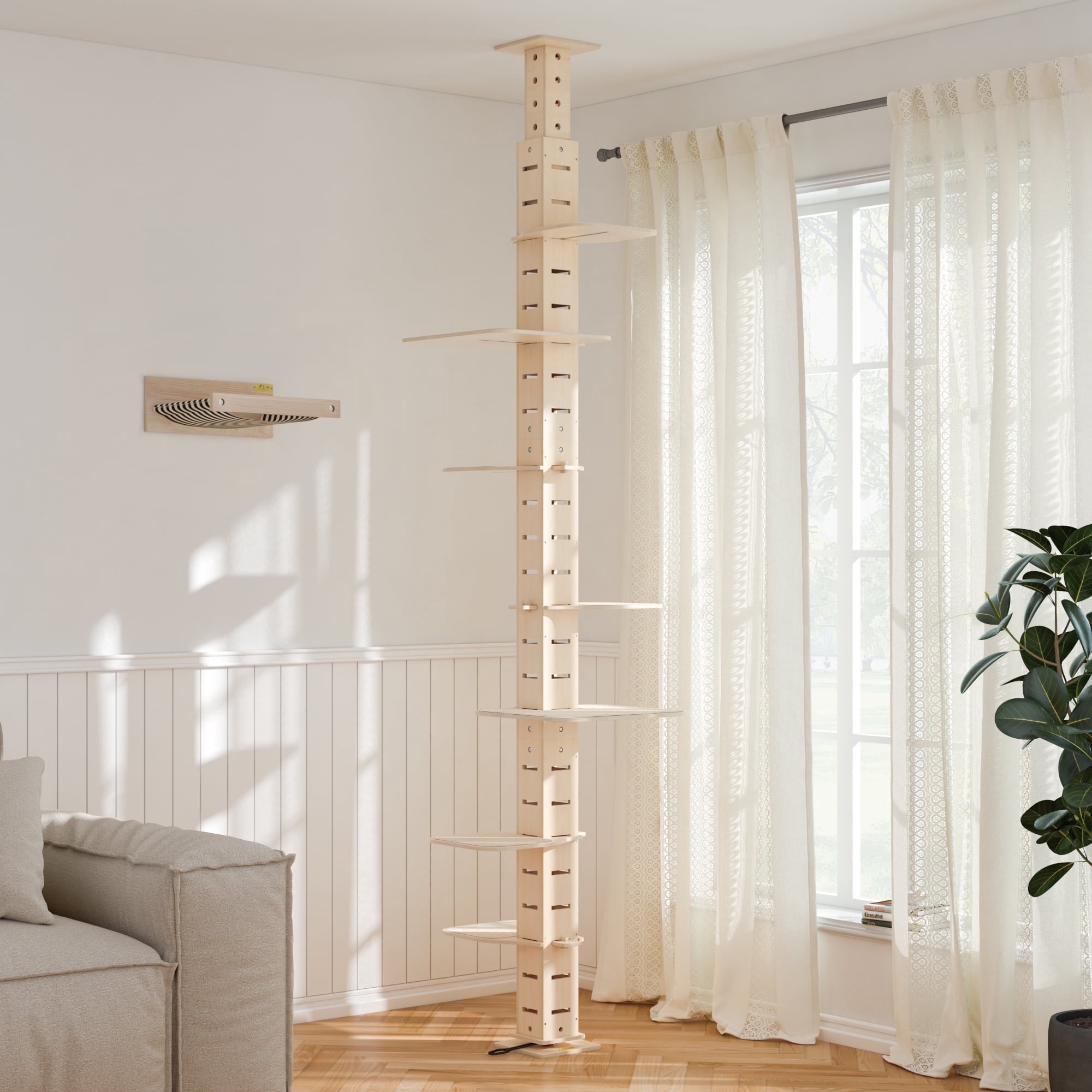 Coziwow 114"H Adjustable Height Floor-To-Ceiling Vertical Cat Tree, Natural Wood