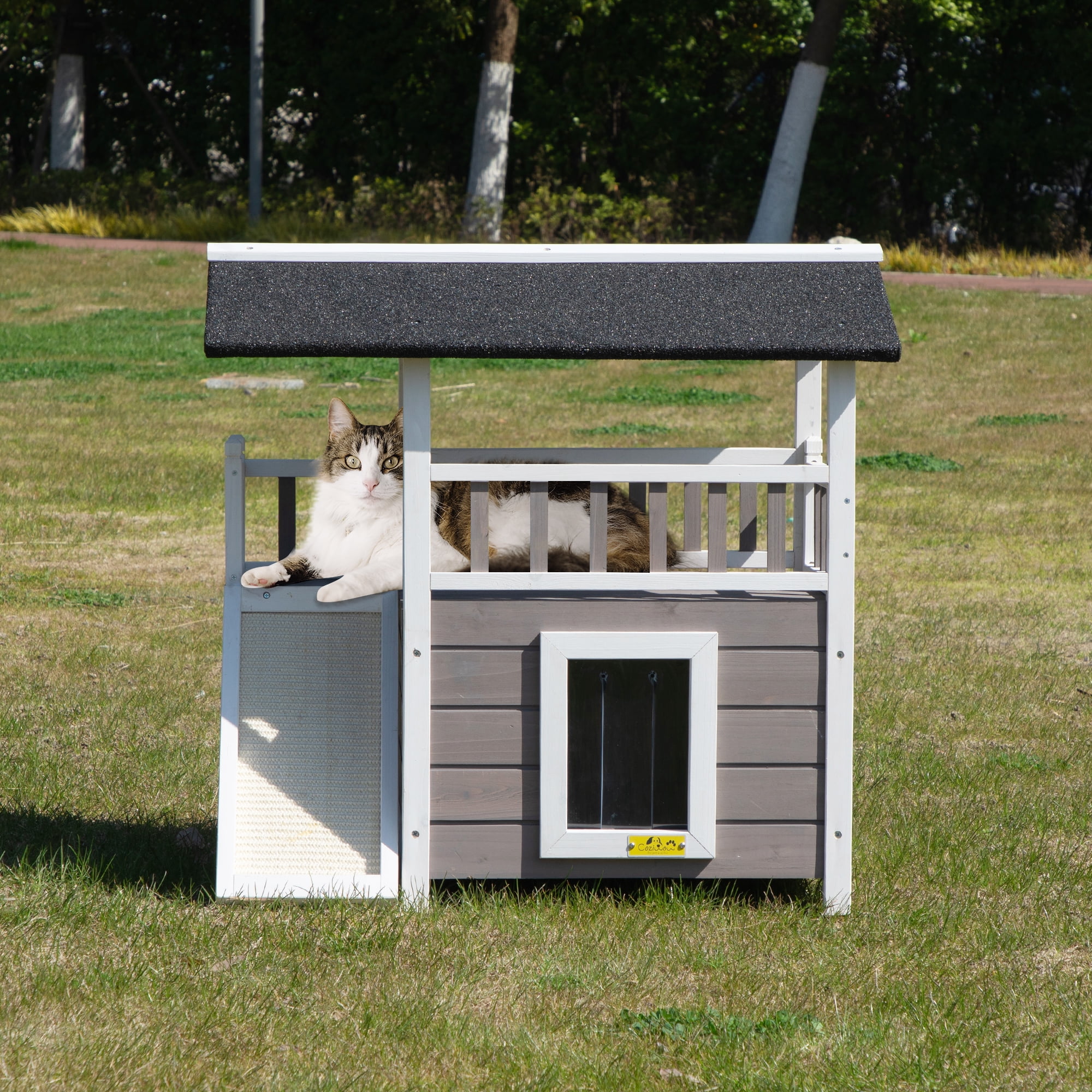 Medium Gray and White Wooden Outdoor Cat House with Balcony