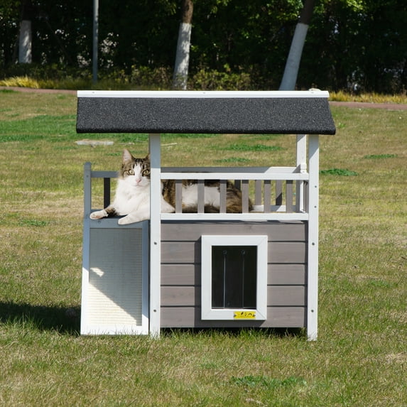 Coziwow 2-Story Wooden Cat House, Outdoor Cat Shelter, Feral Cat House with Weatherproof Roof, Sisal Ramp and Balcony, Gray + White