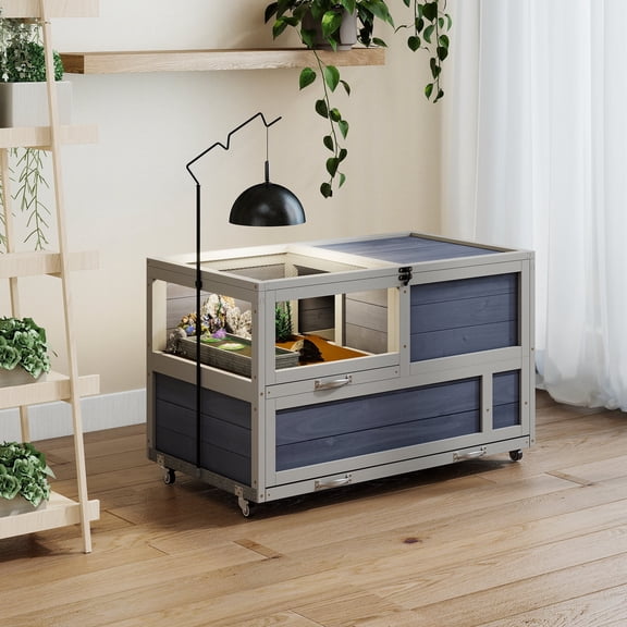 Coziwow 2-Tier Wooden Tortoise Enclosure with Adjustable Lamp Stand, Leakproof PVC Tray & Lockable Casters,Reptile Habitat for Tortoises, Lizards