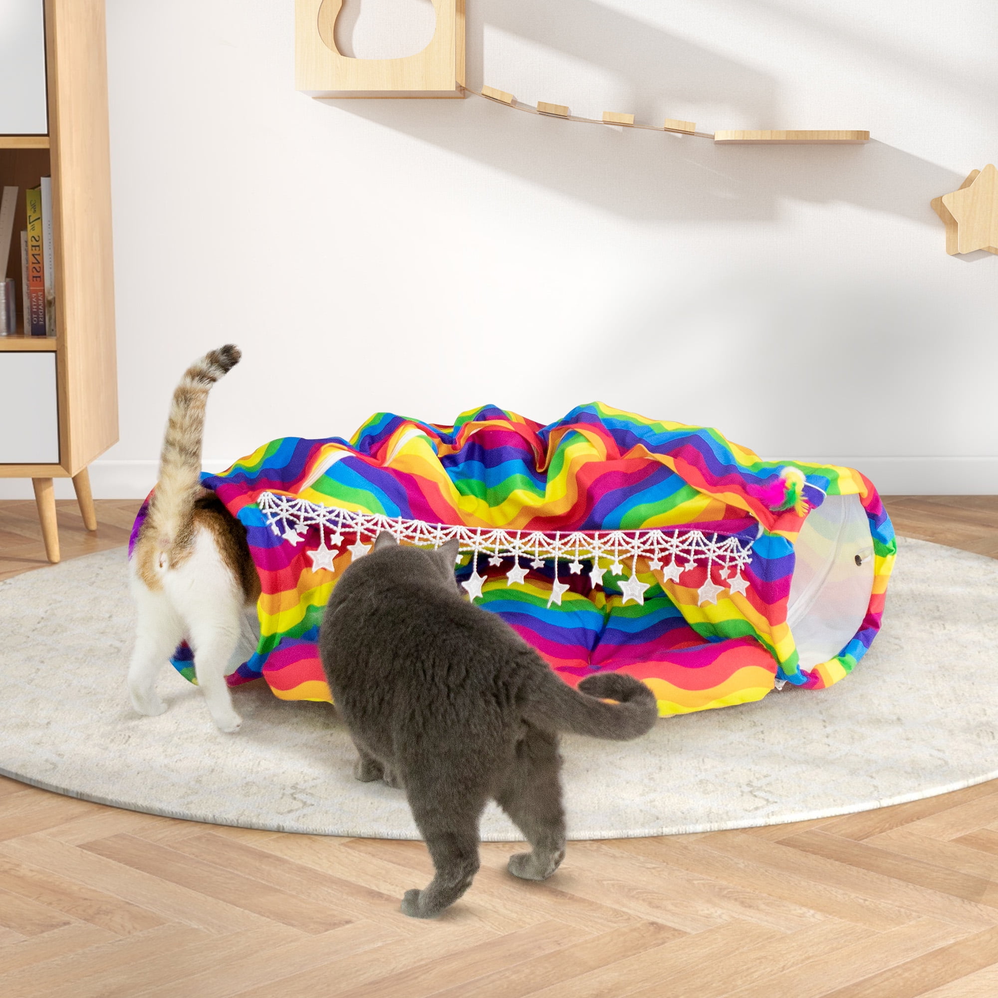 Rainbow Wave Polyester Cat Tunnel Bed with Toys