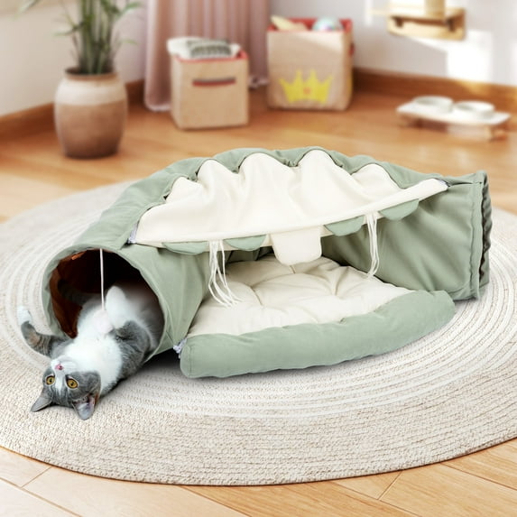 Coziwow 2-in-1 Cat Tunnel Tube Cat Tunnel Bed W/ Washable Bed Collapsible Kitty Toy, Green