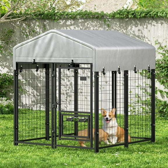 Coziwow Heavy Duty Dog Kennel Outdoor, Metal Dog Crate & Playpen with Waterproof UV-Resistant Cover and Rotating Feeding Door, 4' x 4' x 4.6', Black