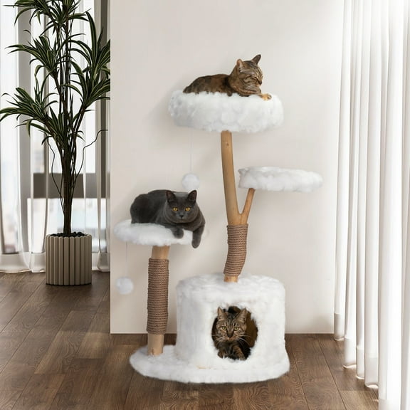 JAXPETY 42-in Modern Cat Tree Tower for Large Cats, Natural Branch Cat Condo with 3 Platforms, Scratching Posts, Cat Cave Bed, White