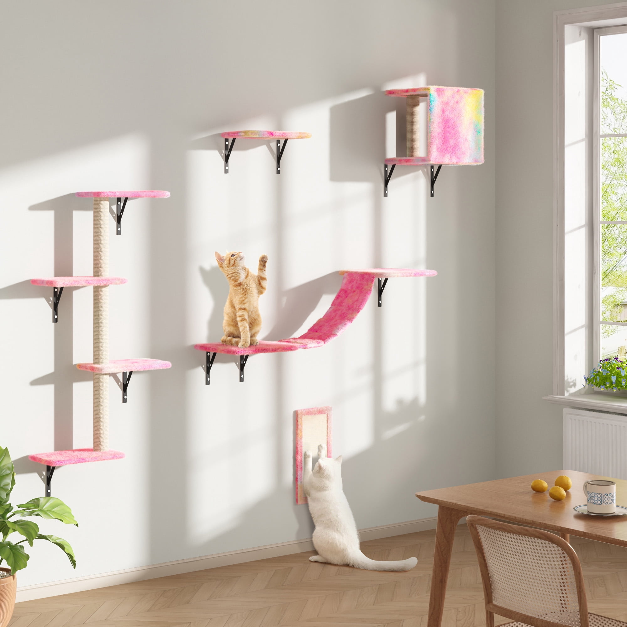 Coziwow 5 Pcs Wall Mounted Cat Tree Set W/ Cat Perch, Scratching Post, Cat Bridge, Cat Tree and Cat Hammock, Pink