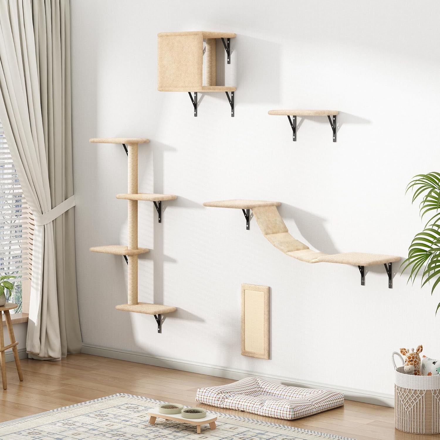 Coziwow 5 Pcs Wall-mounted Cat Tree Set W/ Cat Perch, Scratching Post, Cat Bridge, Cat Tree and Condo, Beige