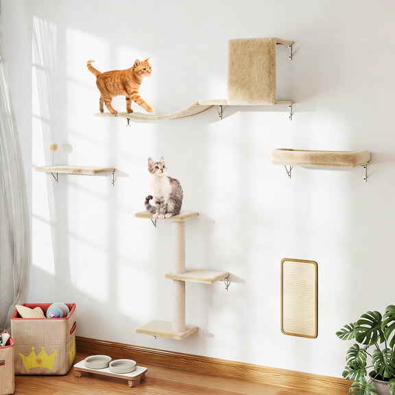 Coziwow 5 Pcs Wall-mounted Cat Tree Set W/ Cat Perch, Scratching Post, Cat Bridge, Cat Tree and Condo, Beige