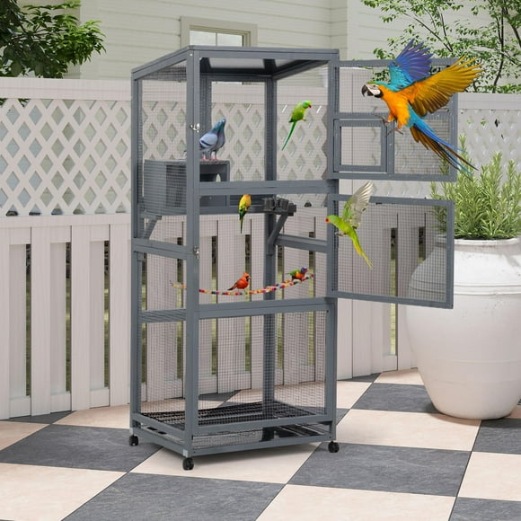 Coziwow 68"H Outdoor Bird Cage Large Wooden Bird Aviary on Wheels for Parakeet, Finches, Parrots, Small Birds with Removable Bottom Tray Easy to Clean, Gray